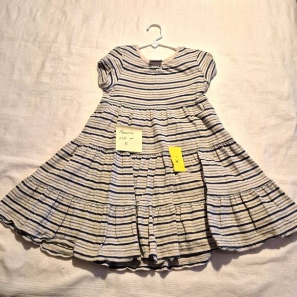 Hanna Andersson girls size 110 or 5 striped twirly dress oatmeal teal & green #1 - Picture 1 of 4